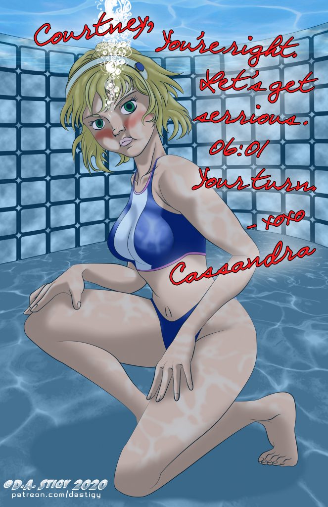 Postcard with an image wof Cassandra holding her breath in a pool that reads 'Courtney, You're right. Let's get serrious. Six minutes, one second. Your turn.' and is signed 'kisses, Cassandra'