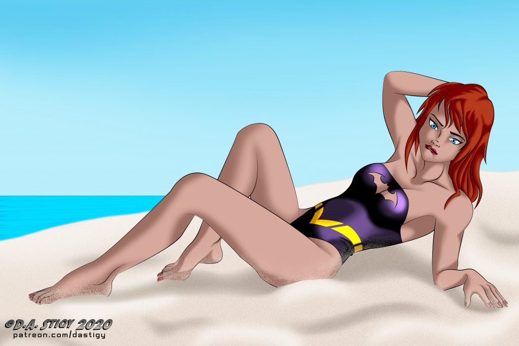 Barbra Gordon, relaxing on a white sand beach, wearing a swimsuit that look suspiciously like a classic Batgirl costume...