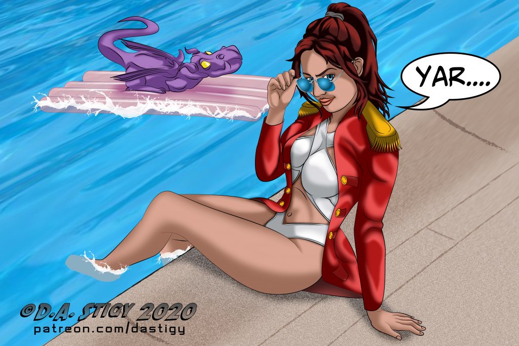 Kate Pryde sitting on the edge of a pool in her Pirate Coate and a swimsuit while Lockeed floats by on an air mattress.