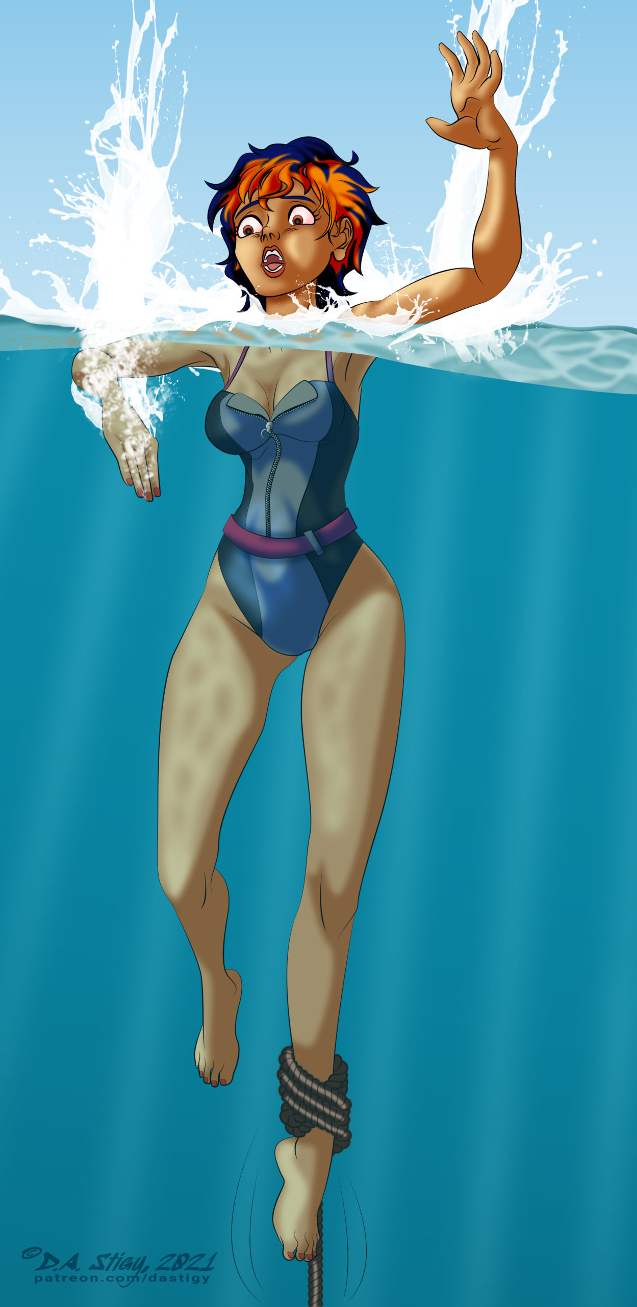 Sabine Wren about to be pulled under the surface of the sea by one foot