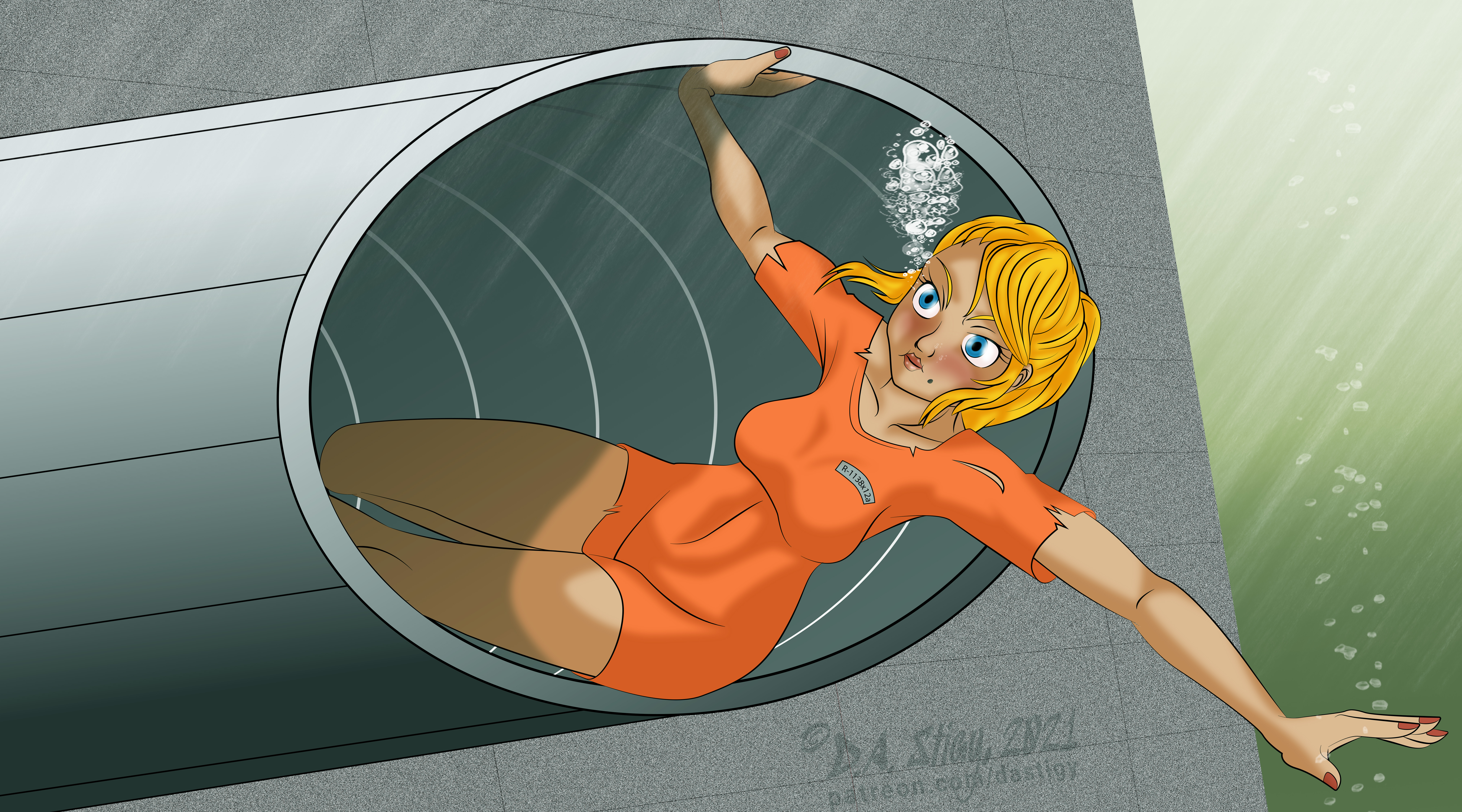 Samus, swims out an underwater pipe in a prisoner tunic