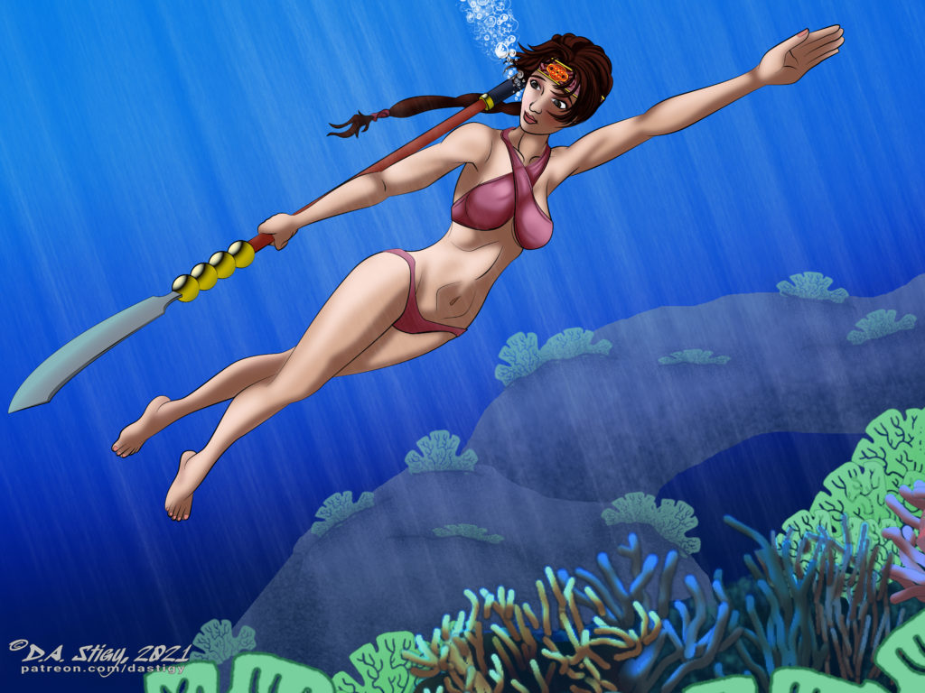 Seong Mi-Na, swimming by a gorgeous coral reef