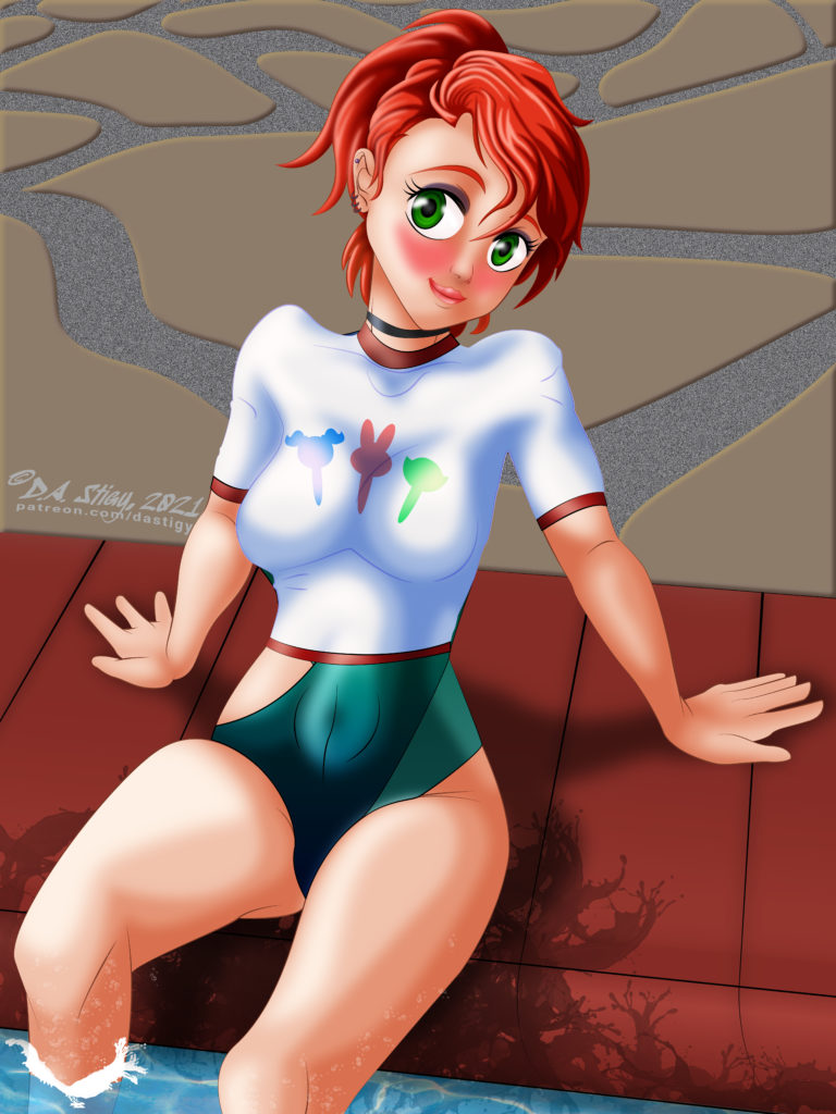Frankie Foster sitting on the edge of a pool in a swimsuit and t-shirt