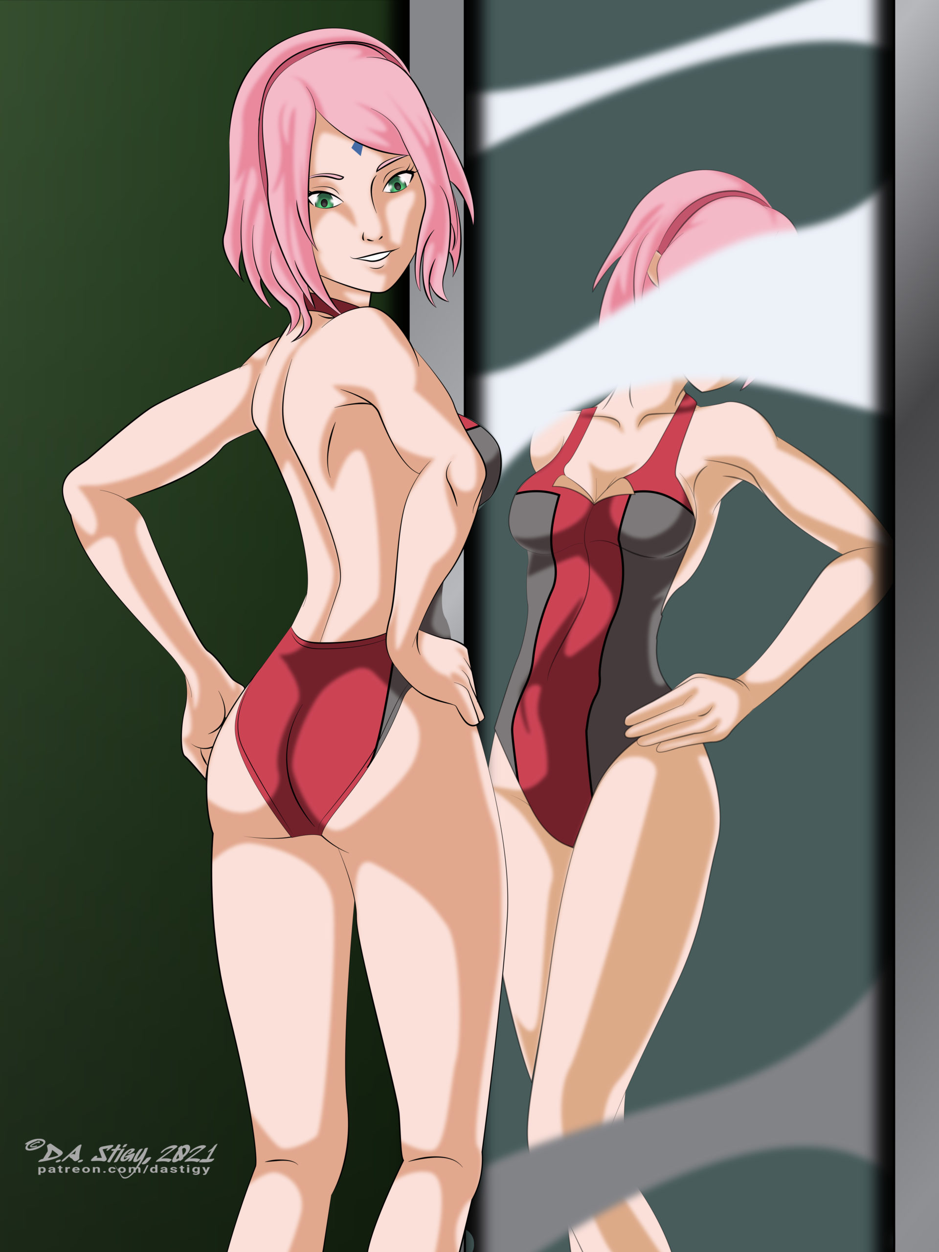 Sakura Haruno trying on an old swimsuit in the mirror.