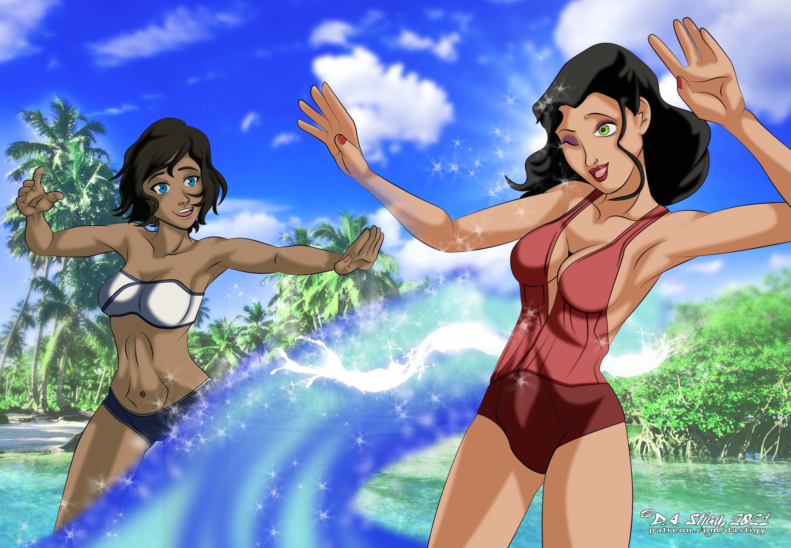 Korra splashing Asami with a waist-high wave