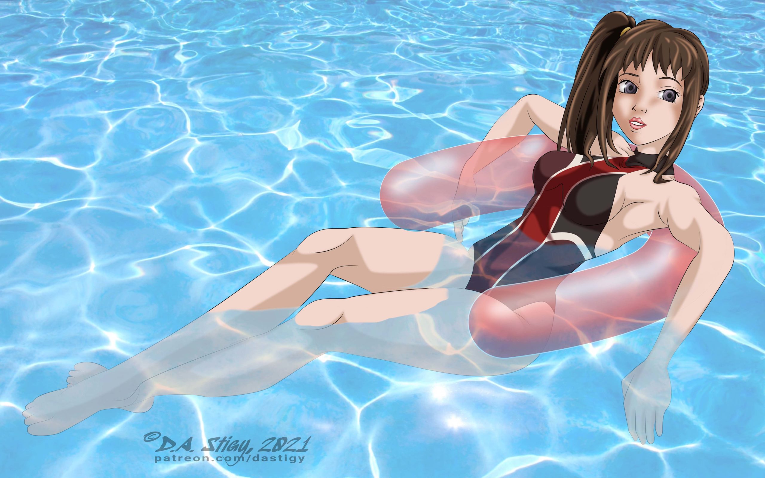 Kara floating in a pool on an inflatable tube