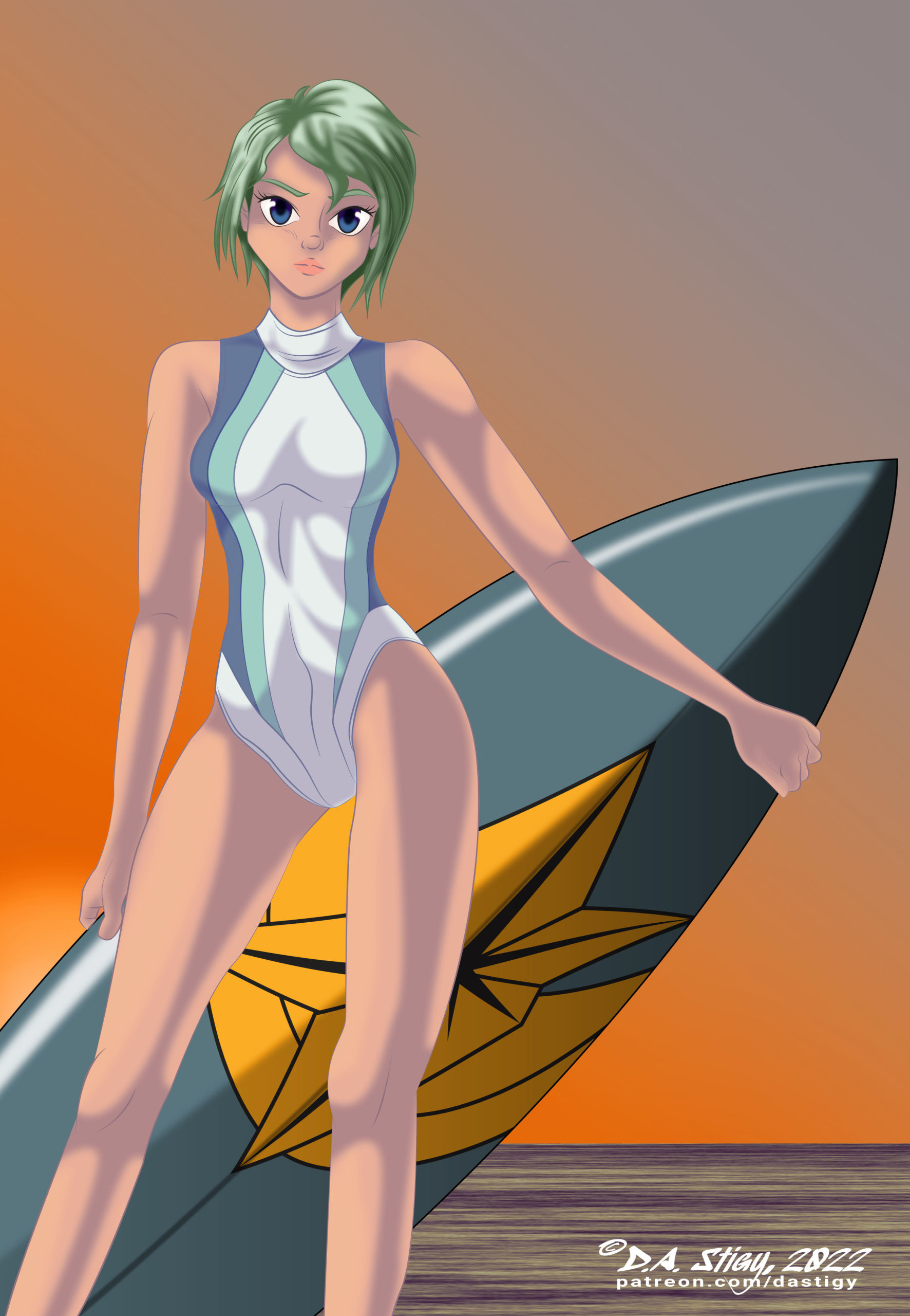Jade, holding a surfboard at sunrise
