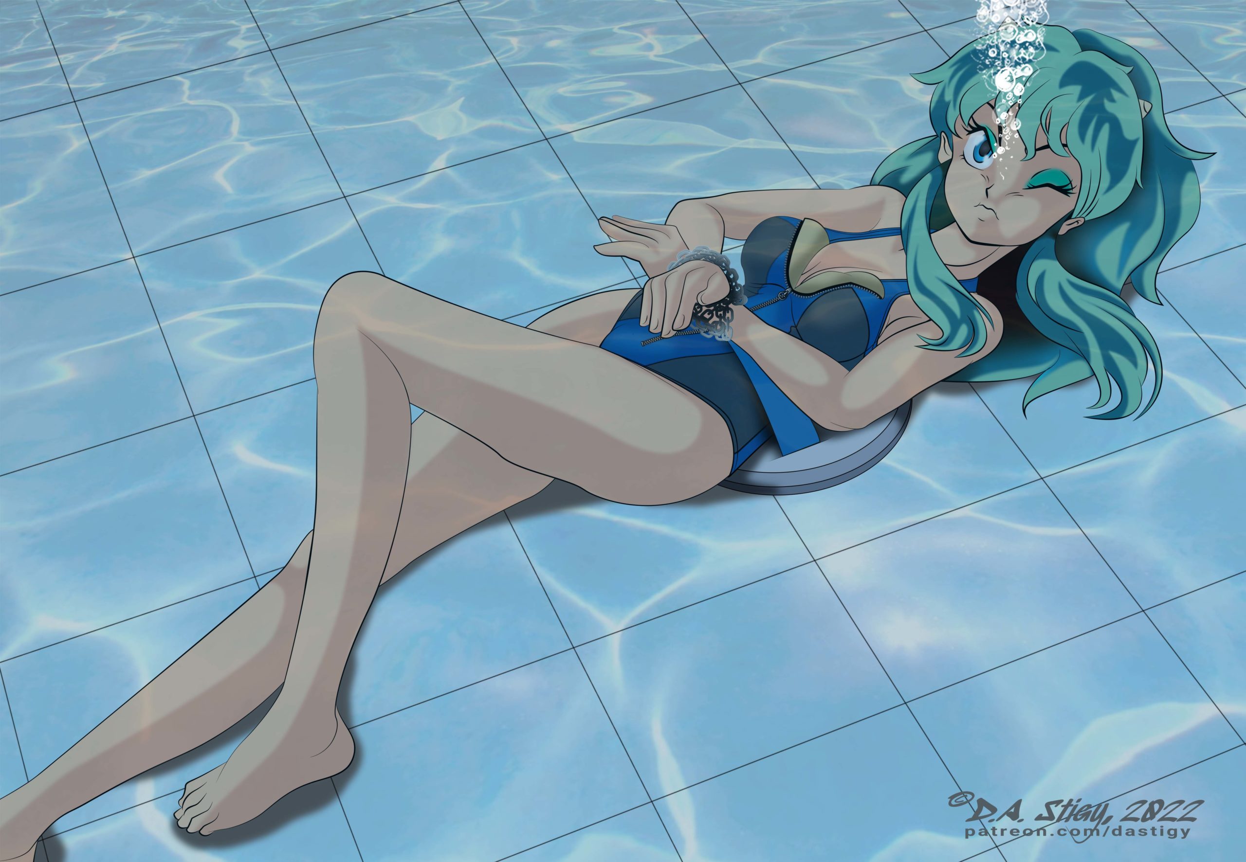 Lum chained and weighted down on the bottom of a pool