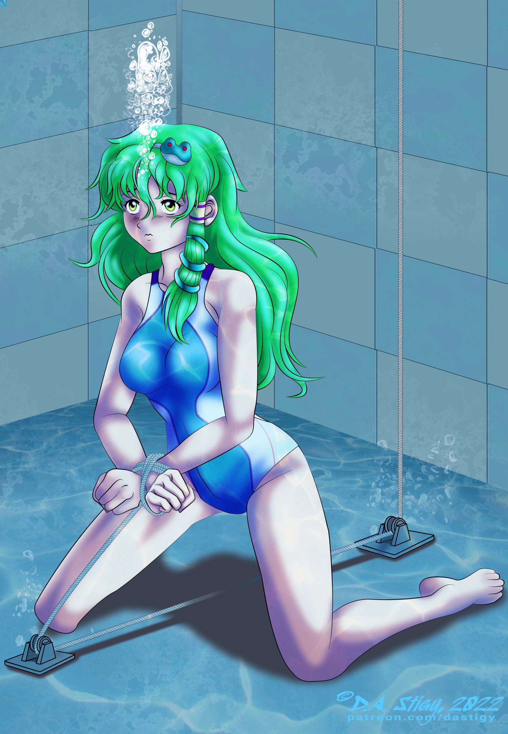 Sanae Kochiya, held on the bottom of a pool by ropes and pulleys