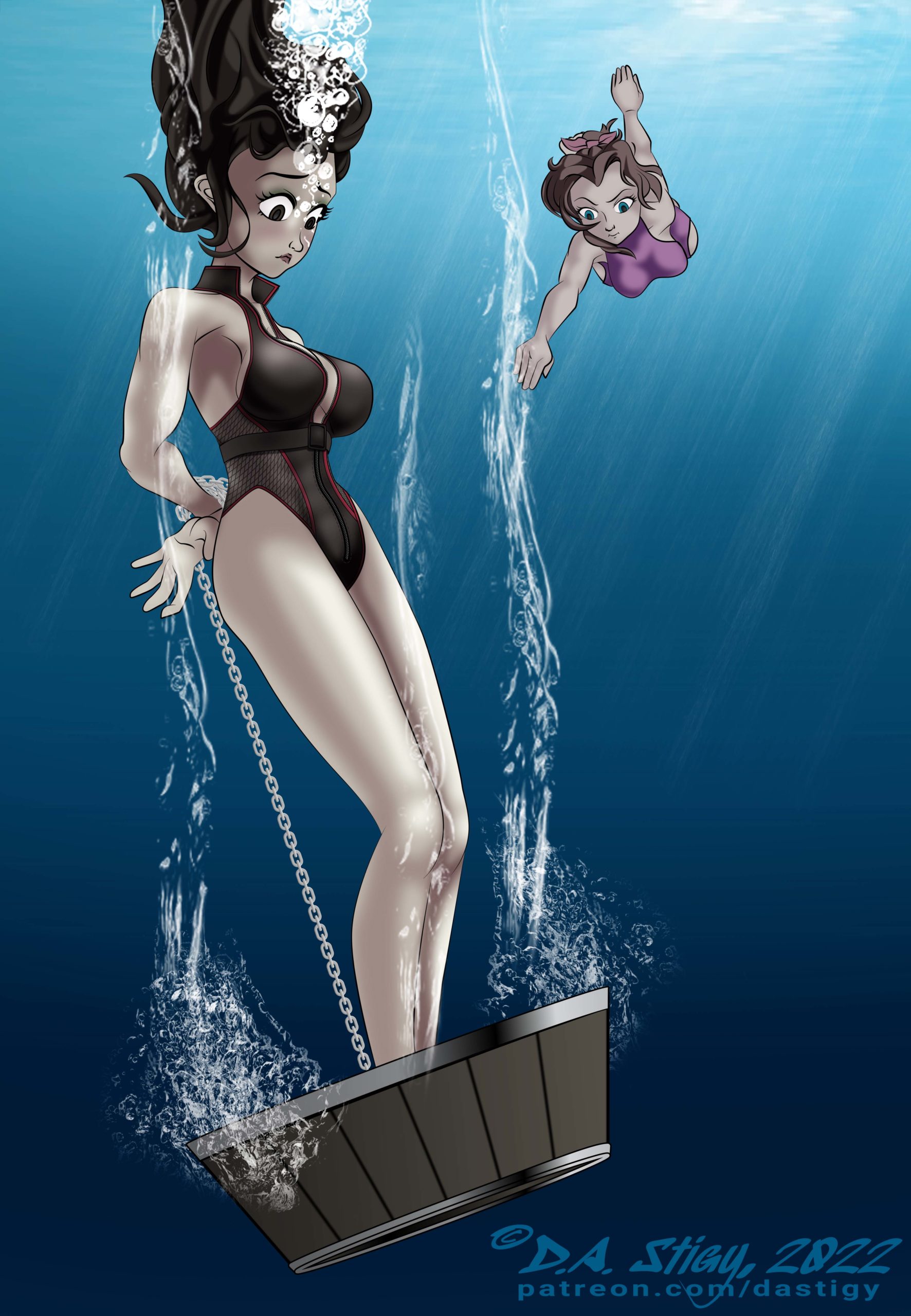 Tifa, feet chained to a heavy barrel is sinking fast, Aeris swims to her rescue.