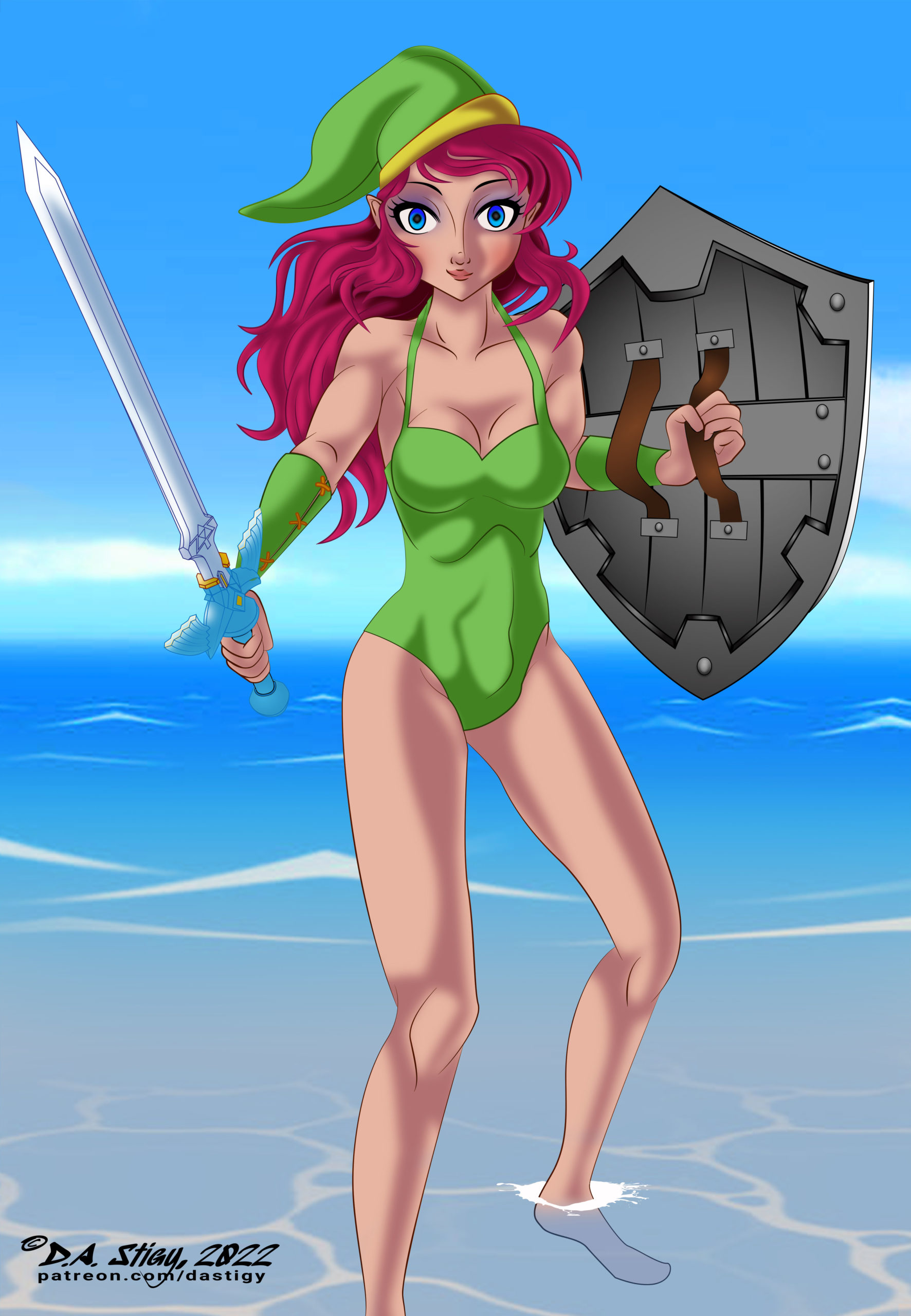Female version of Link stands with sword and shield in the surf