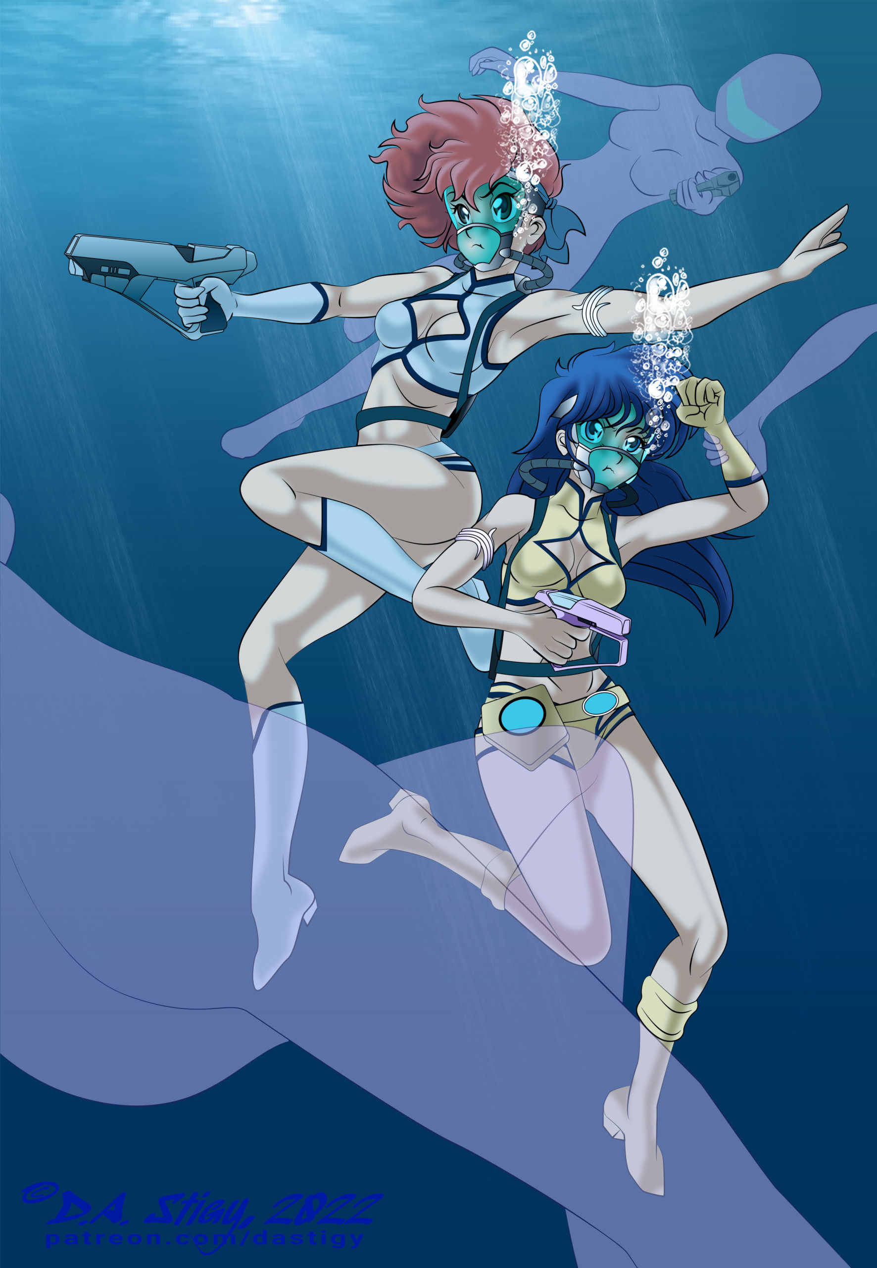 Kei and Yuri in scuba gear, surrounded by enemies