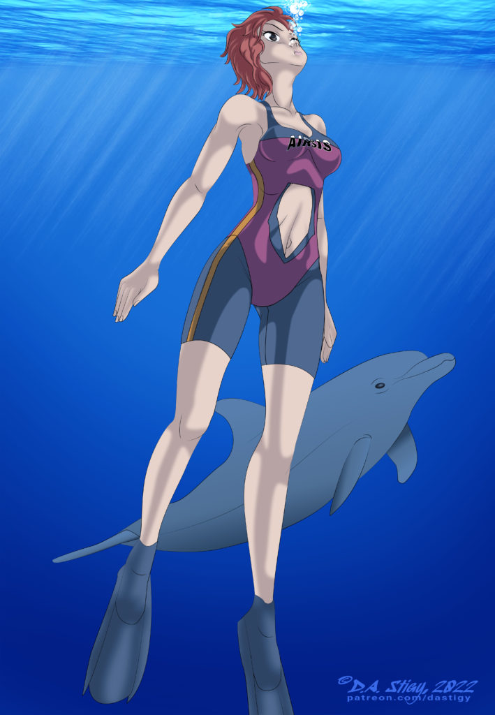 Maya, rising to the surface with her dolphin pal.