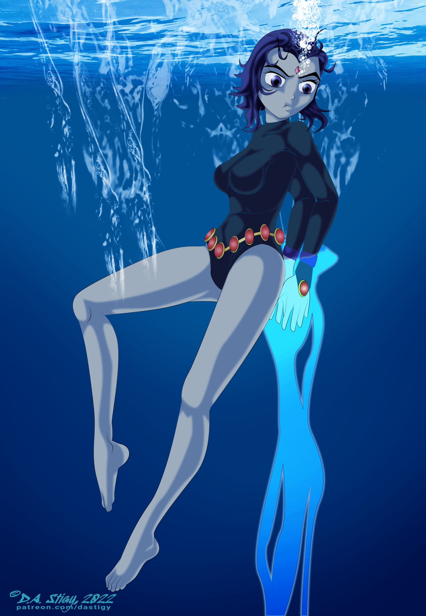 Raven, yanked underwater by hostile magic.