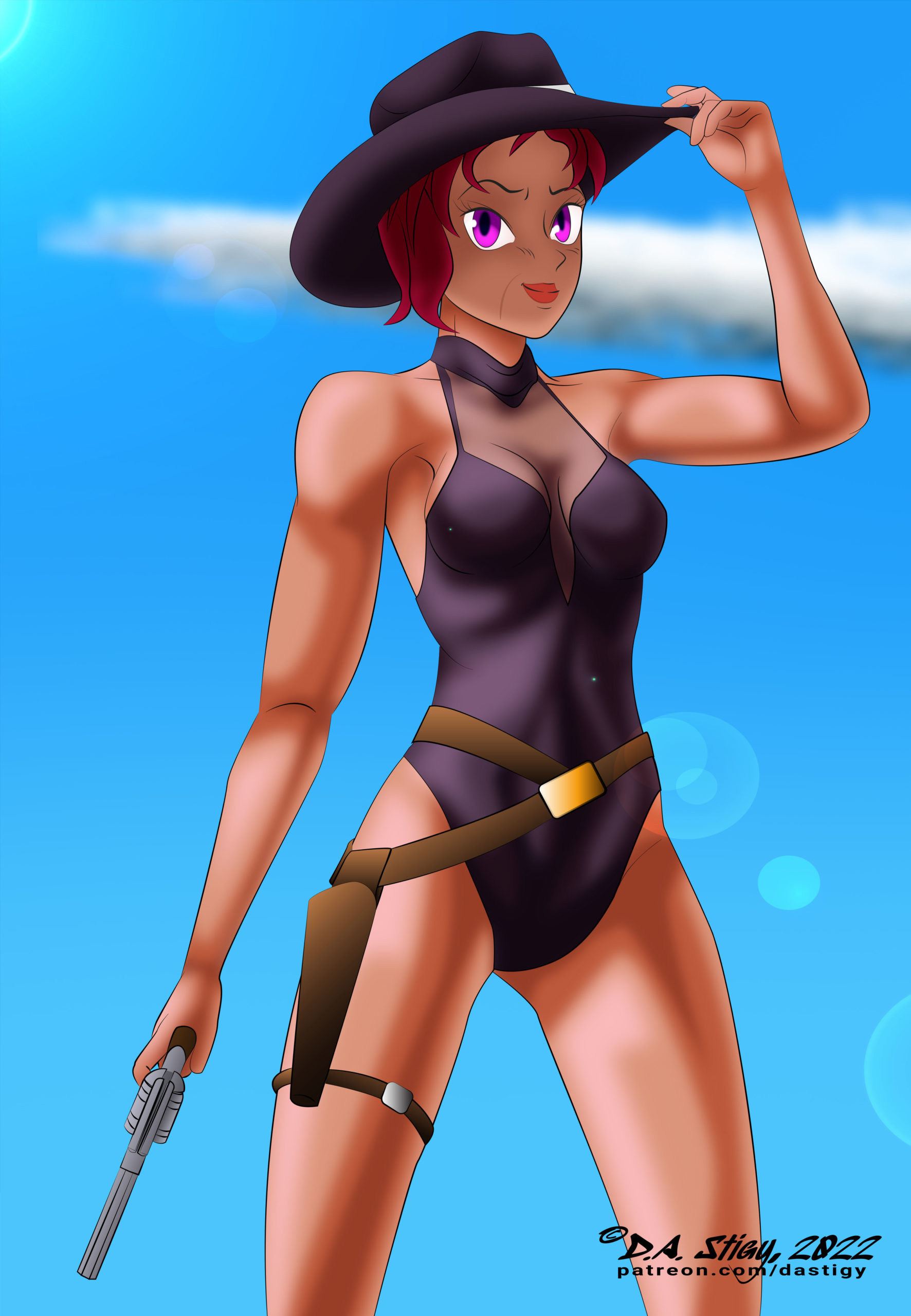 Char, in a black swimsuit with a blaster in one hand, tipping her hat in greeting.