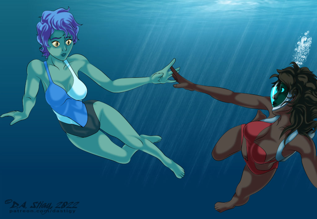 Skrish and her wife, Lena, holding hands underwater.