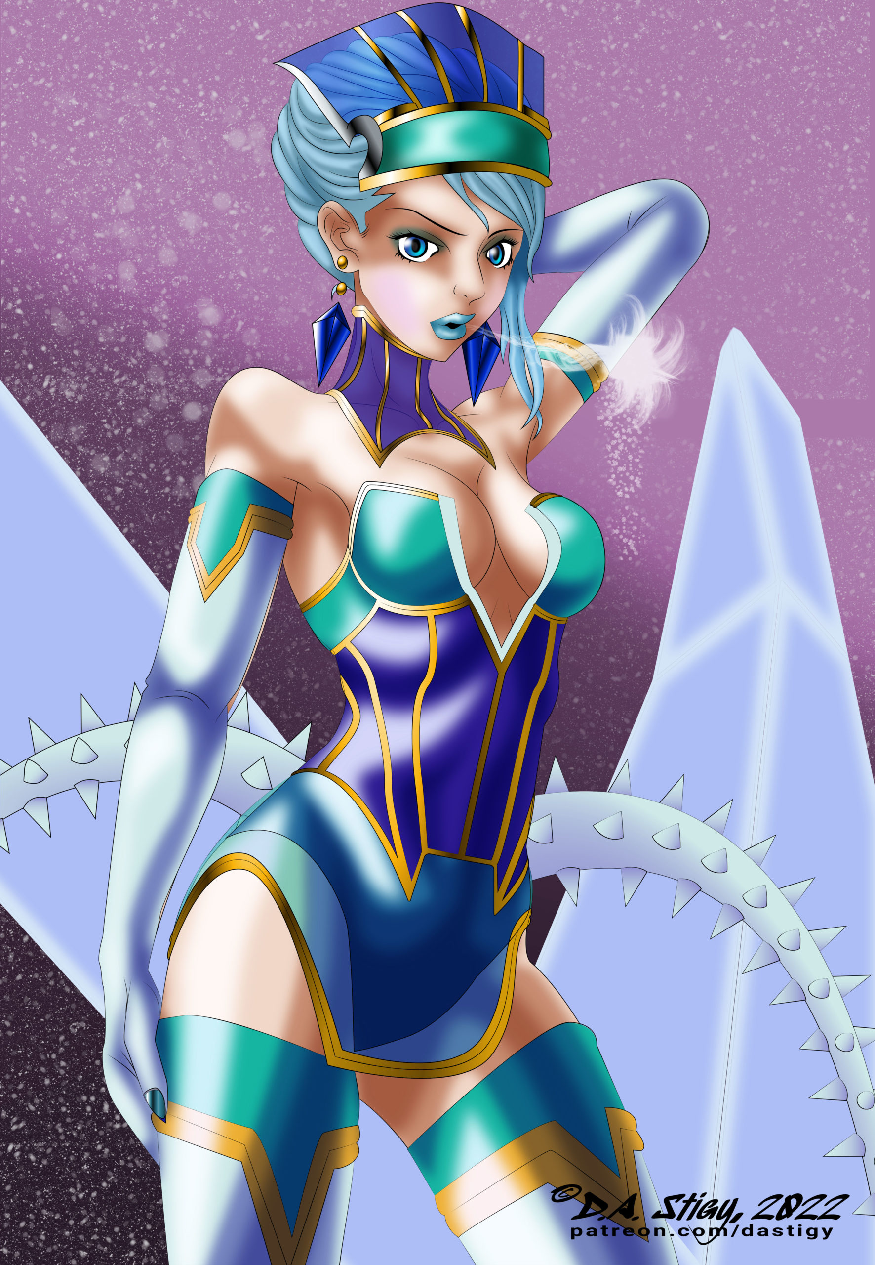 Blue Rose, posing amidst ice and snow she created.