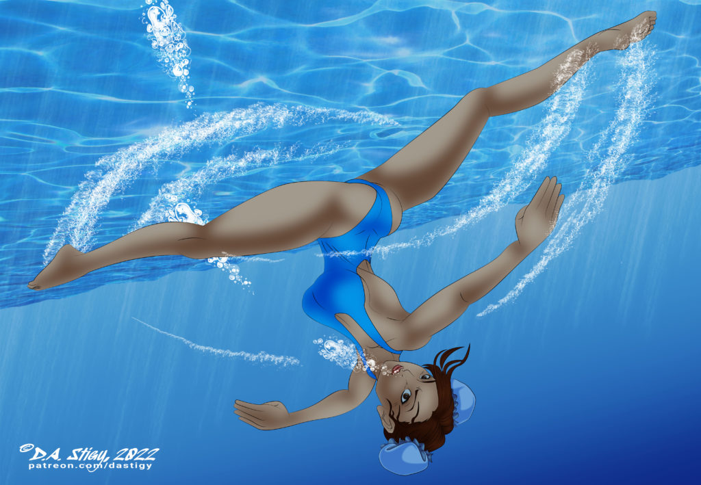 Chun Li, doing a spinning kick upside down underwater.