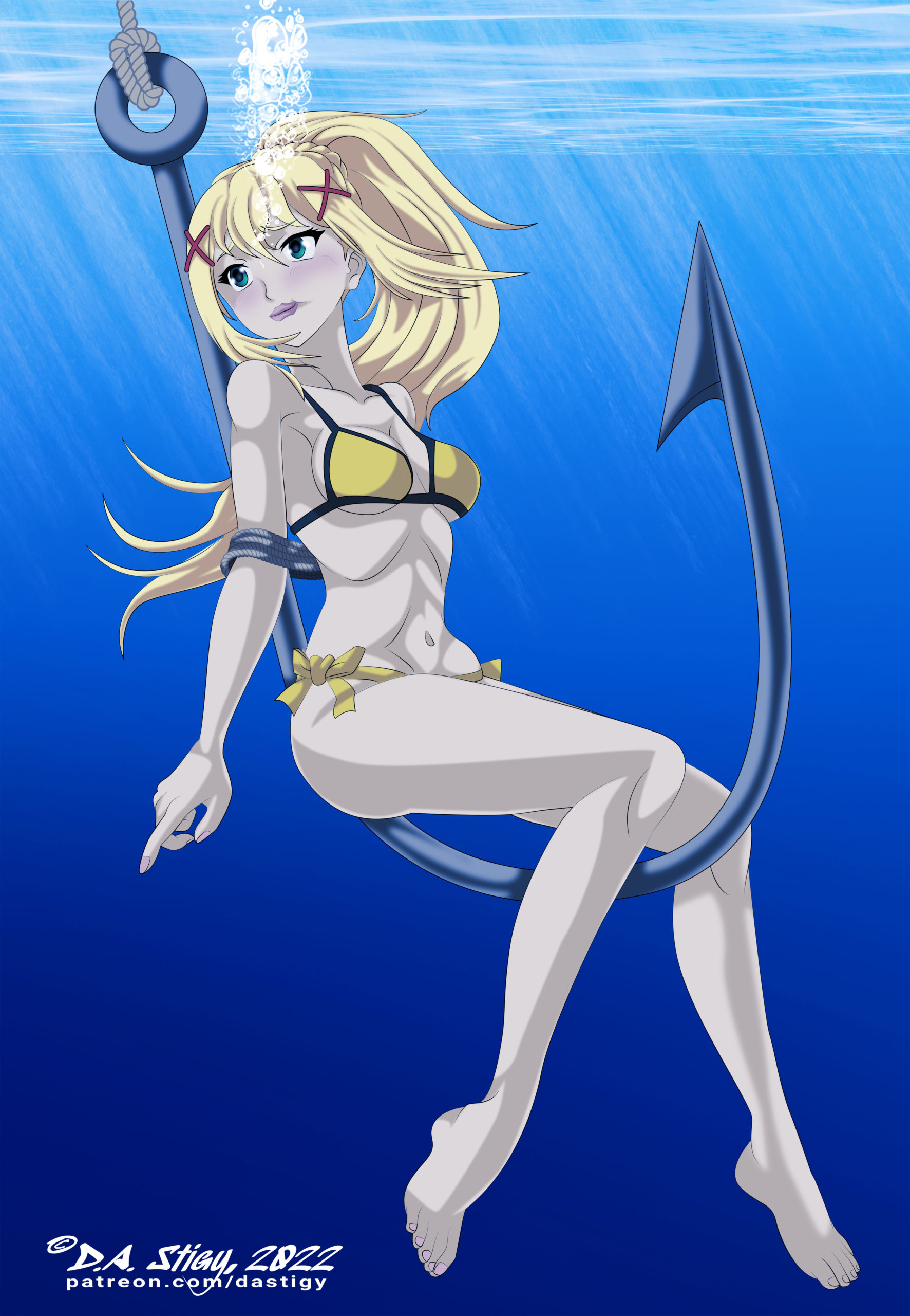 Darkness, suspended underwater and tied to a gigantic fish hook.