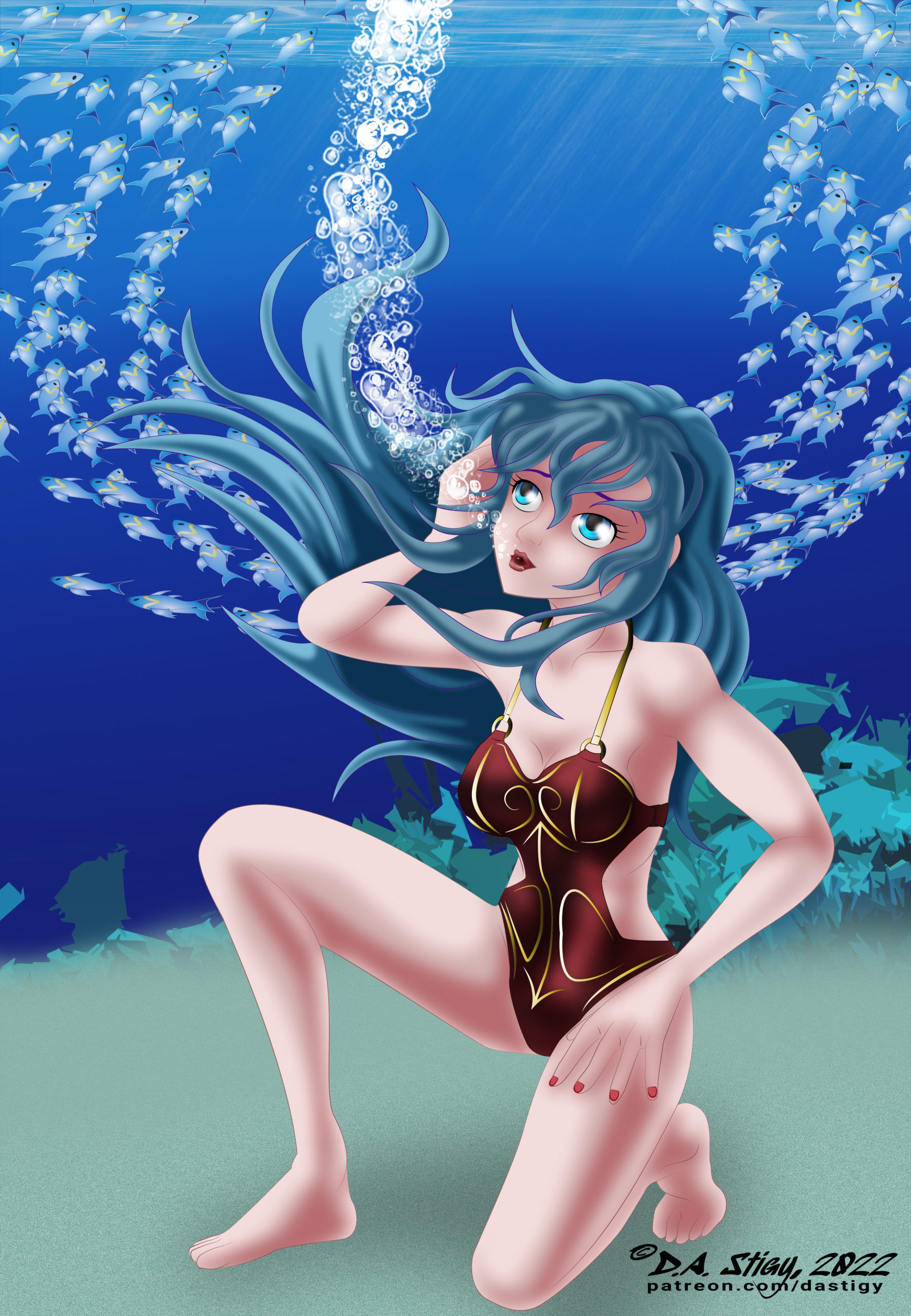 Eirika, kneeling on the sandy bottom as fish swim all around her.
