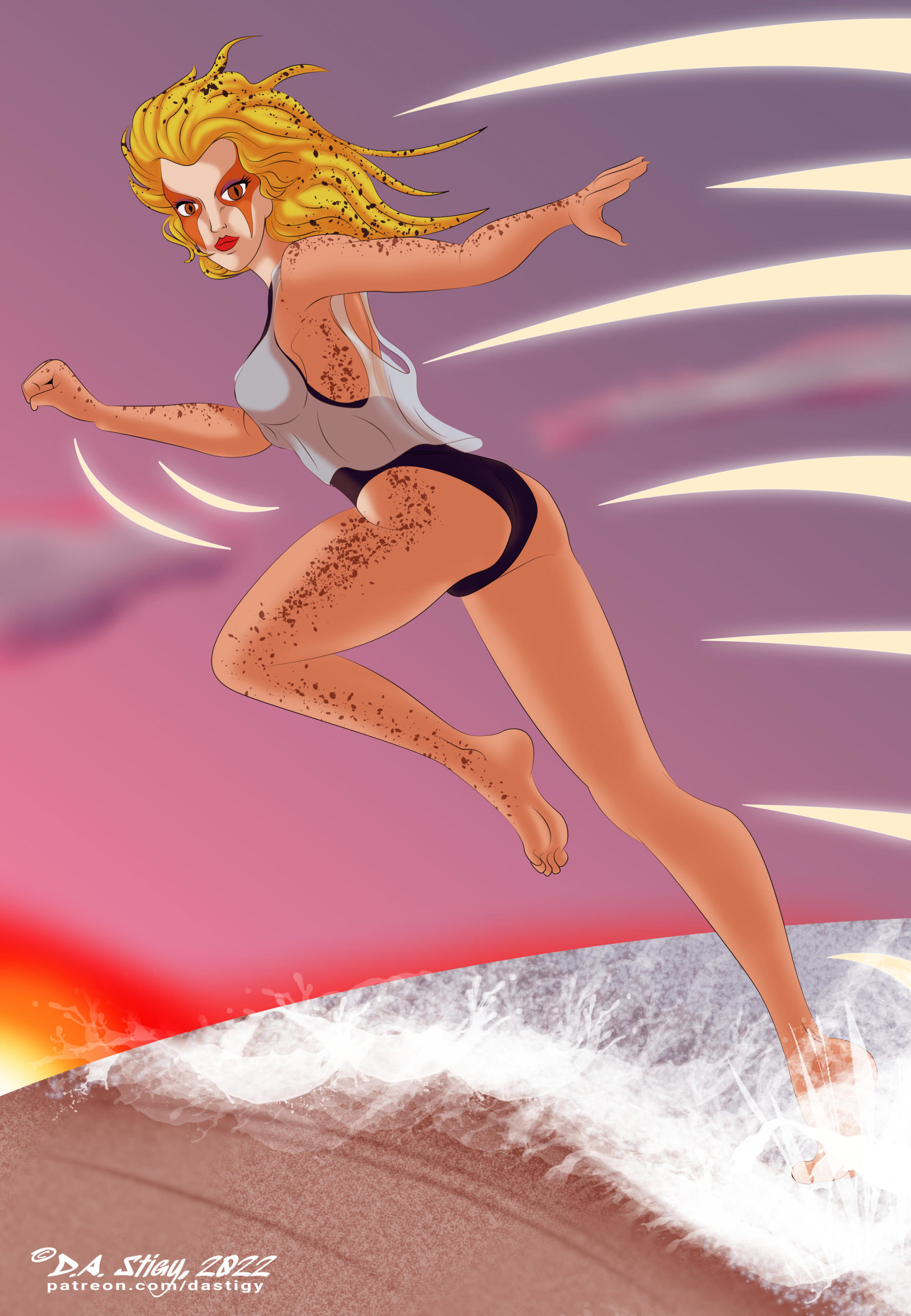 Cheetara from the Original Thundercats, sprinting at top speed long the surf.