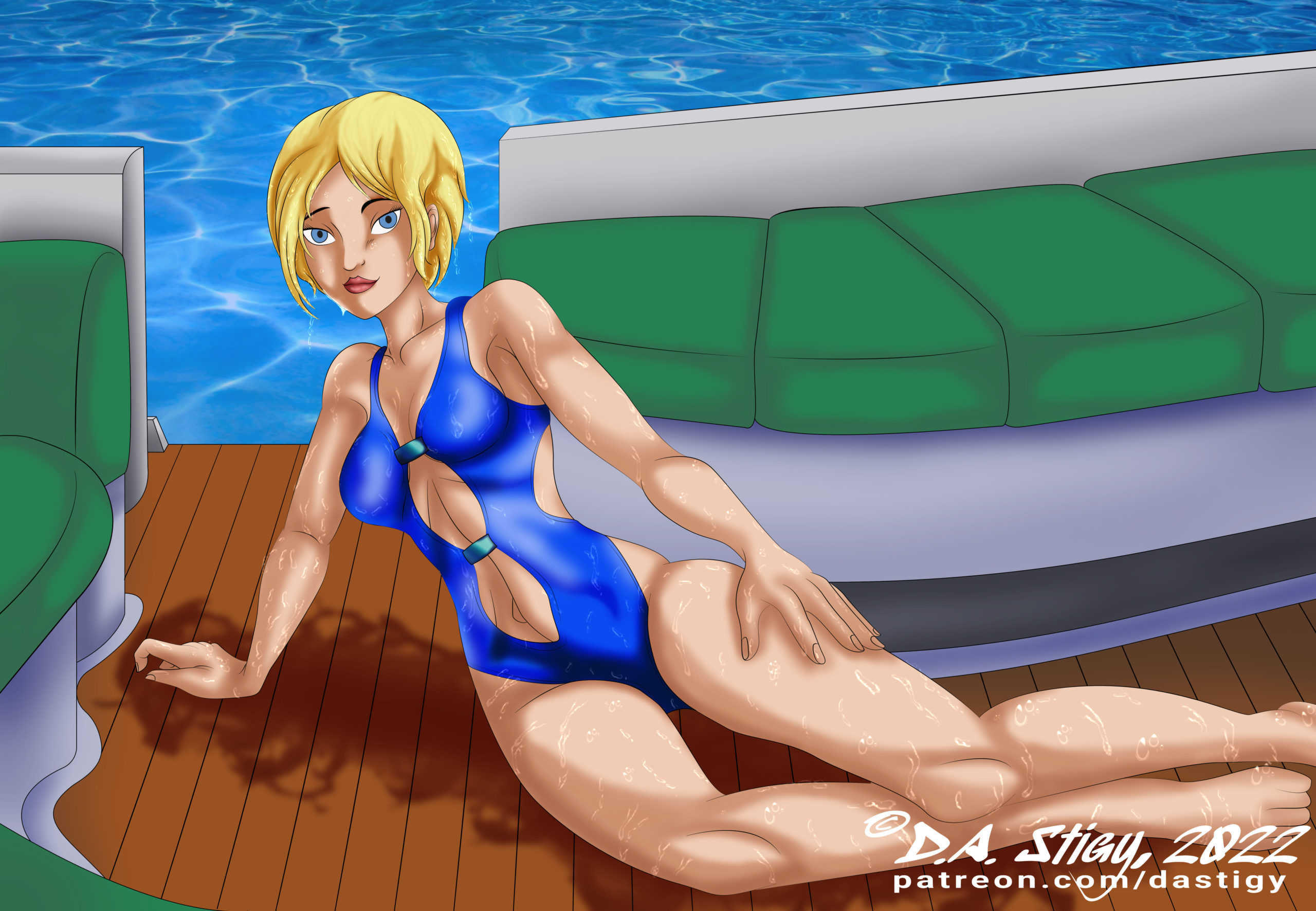 Ro Rowan from "The Zeta Project" Relaxing on the rear deck of a yacht after a swim.