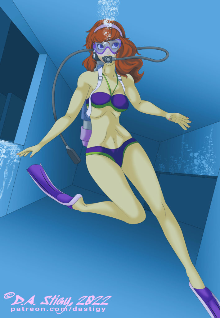 Daphne Blake, scuba diving in an underwater maze that keeps shifting.