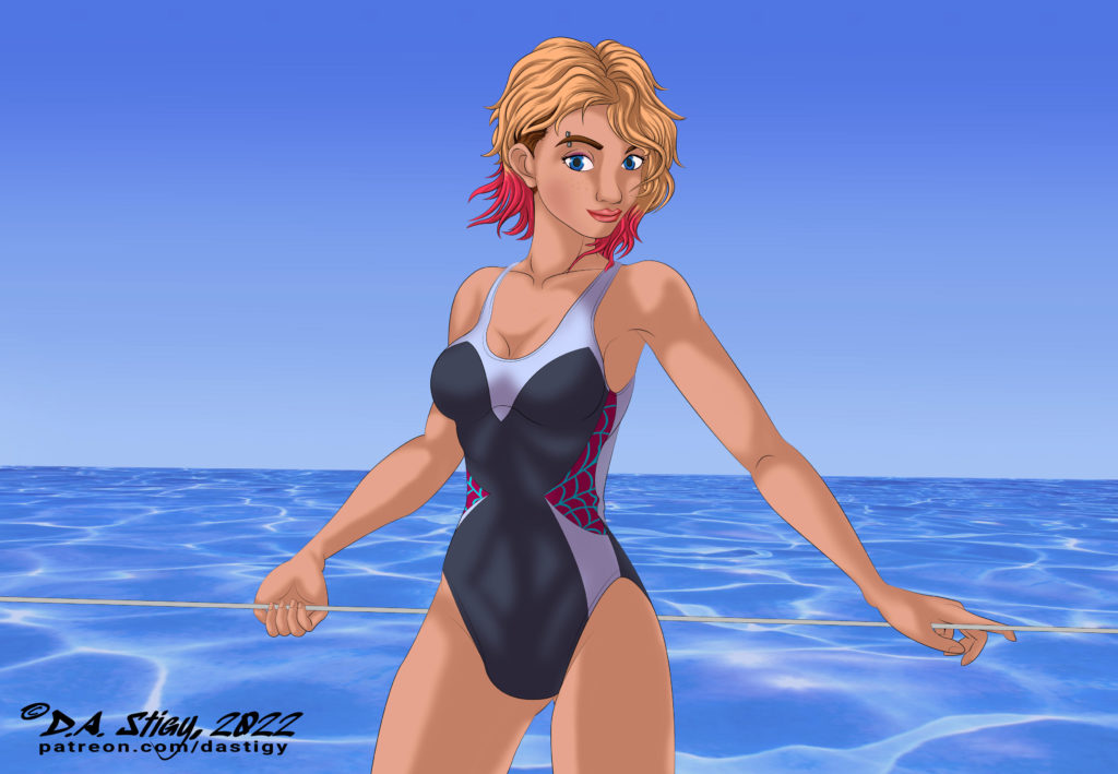 Gwen standing against the rail line of a sailboat at sea. She's wearing a swimsuit and her hair is tossed by the breeze.