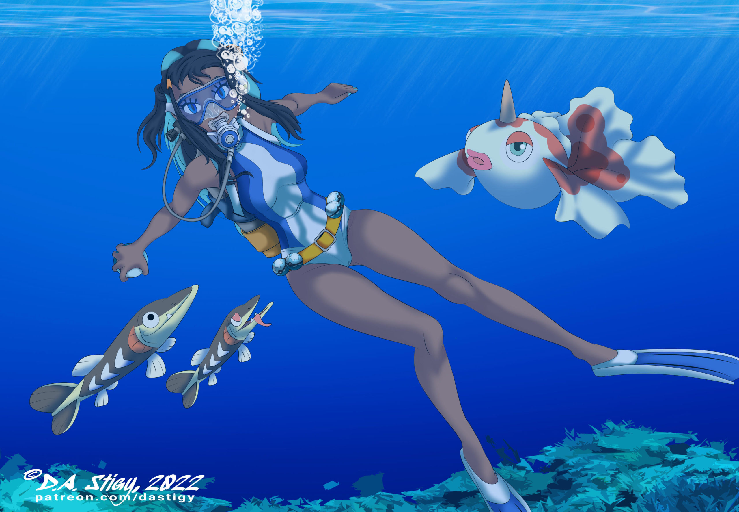 Nessa, scuba diving and surrounded by water-type Pokemon.
