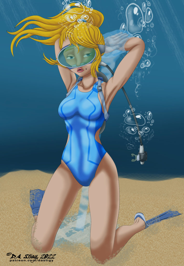 Samus Aran, scuba diving. She's been anchored to the sea floor by a strange blue energy, and has lost her regulator.