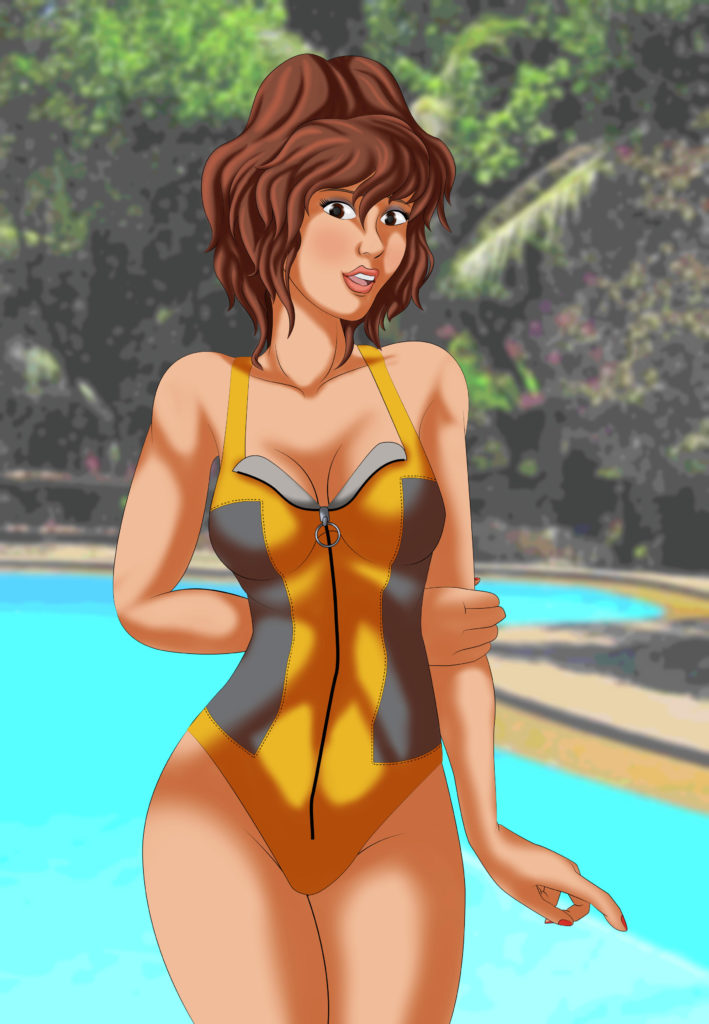 April O'Neil posing poolside in a yellow and black one-piece swimsuit.