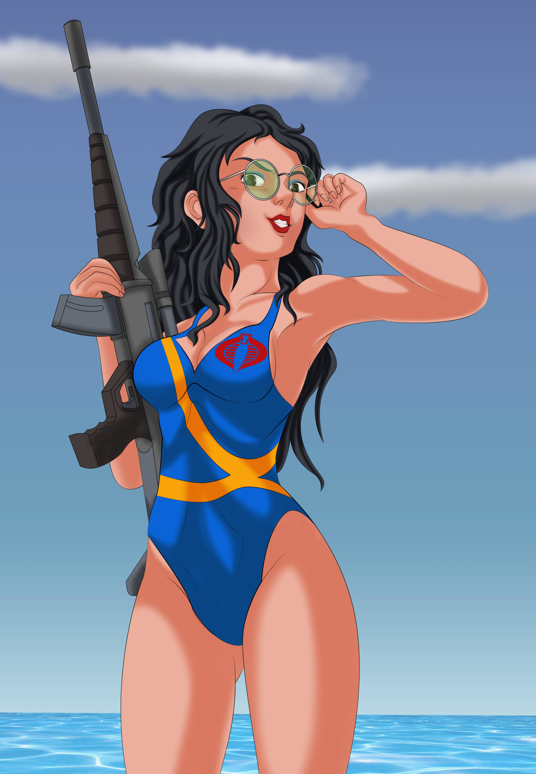The Baroness from G.I. Joe, in a blue swimsuit with a red Cobra logo, posing against the sea with her sniper rifle.