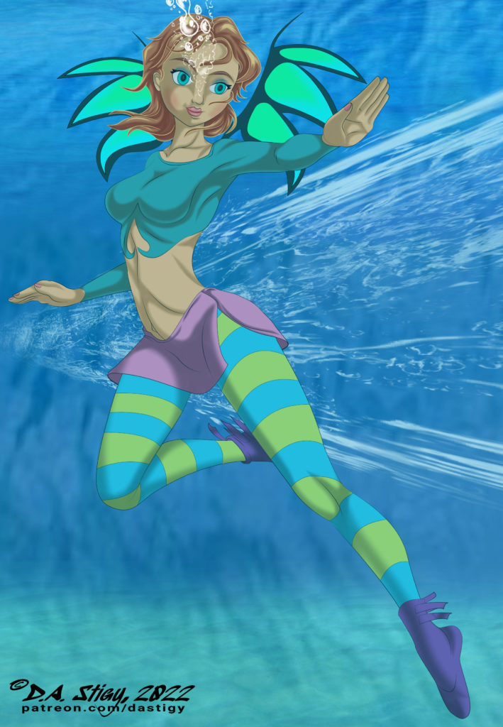 Irma Lair, from W.I.T.C.H. posing underwater in her Guardian form, she's channeling a blast of water.