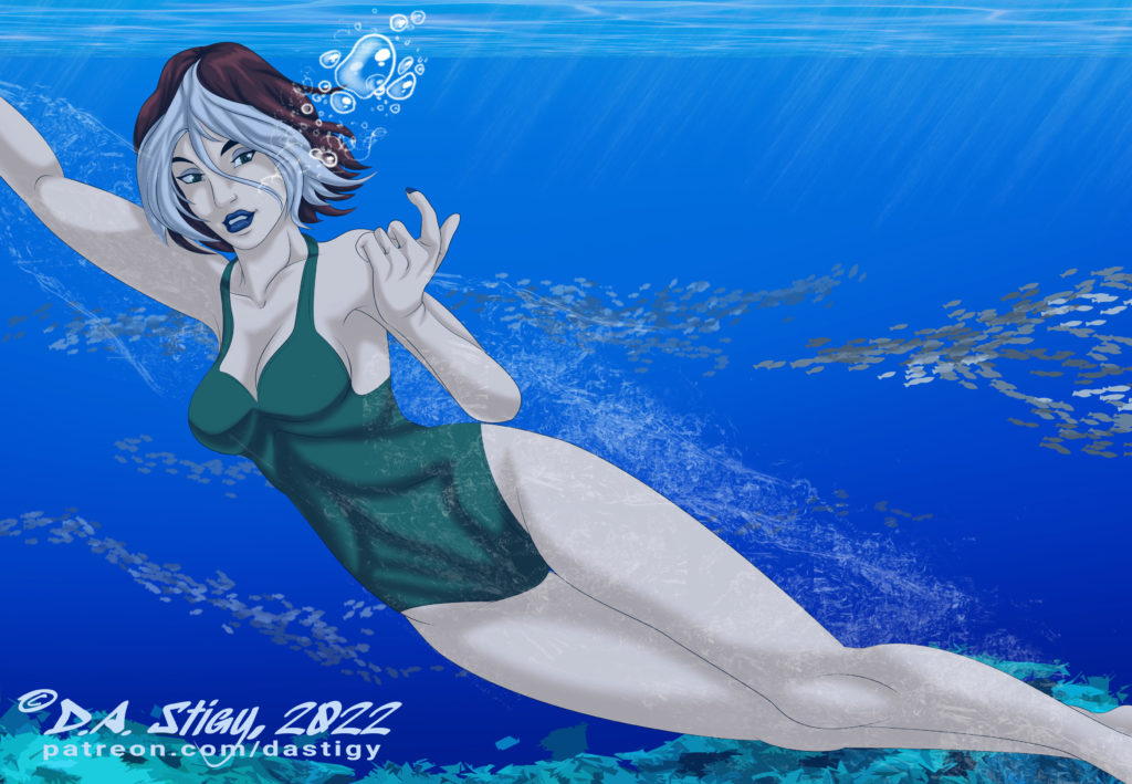 Rogue, from X-Men Evolution, swimming underwater and beckoning you closer with one finger.