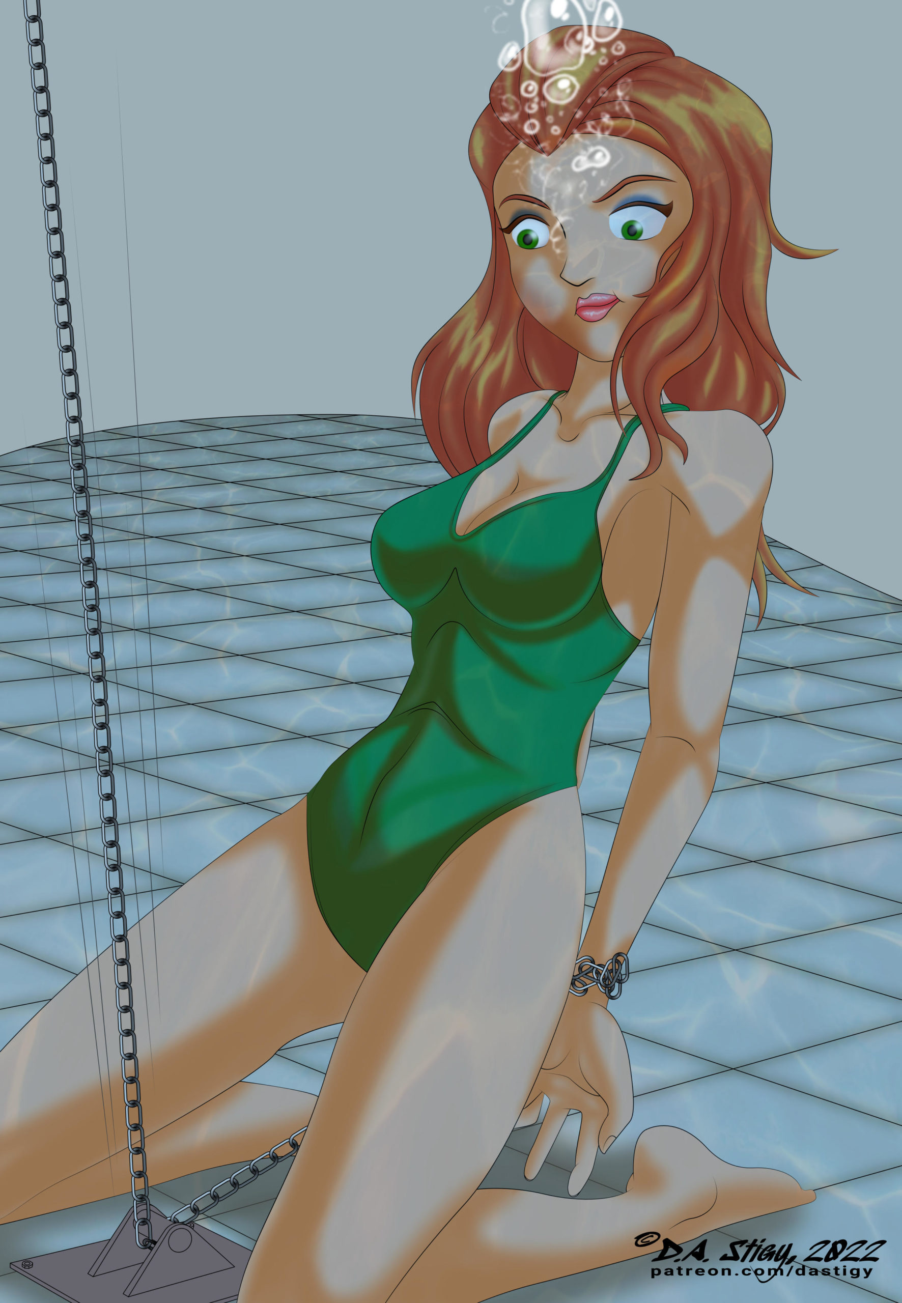 Sam, chained to the floor of a pool while the baddies wait at the surface, literally pulling her chain.