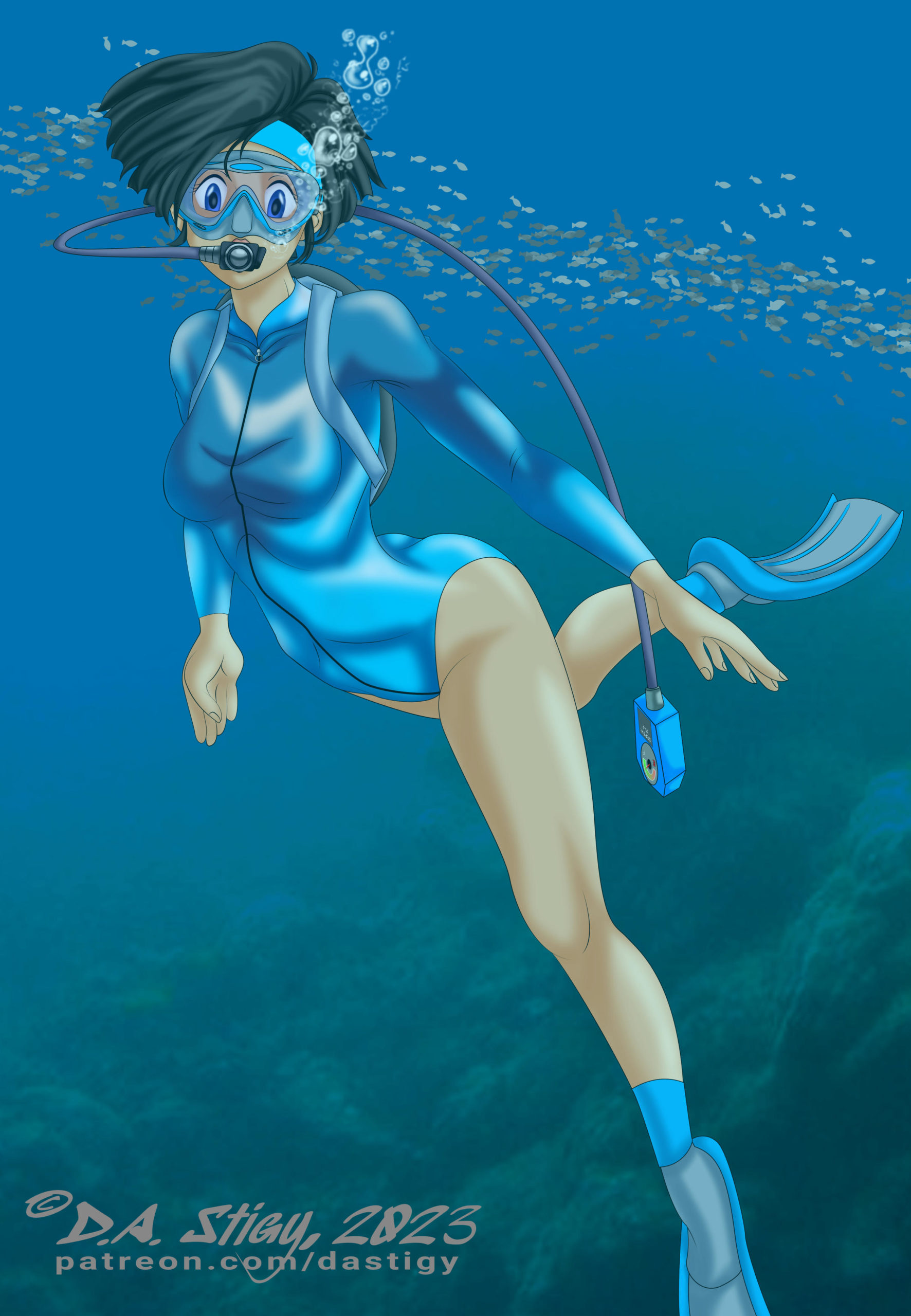 Linna Yamazaki, in a blue swimsuit and scuba gear, diving in the sea