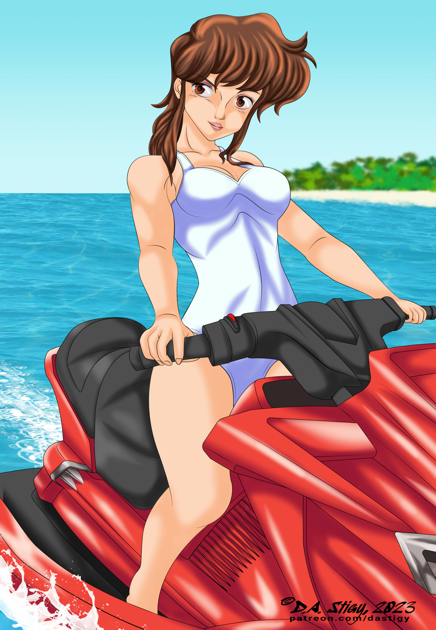 Priss, in a white swimsuit driving a red jetski through tropical waters