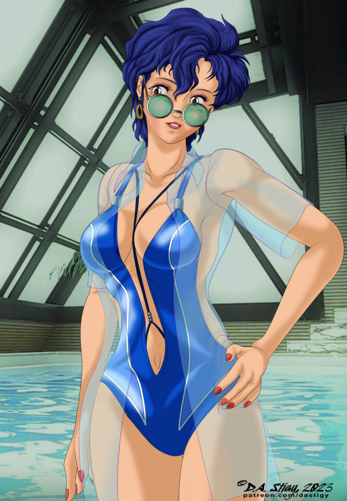 Sylia Stingray, in a blue swimsuit and translucent overshirt , standing near a rooftop pool in Tokyo...