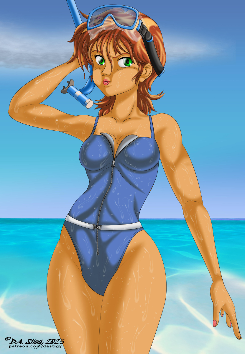 Meg, emerging dripping from a tropical sea. She's wearing a blue swimsuit and a snorkel and mask.