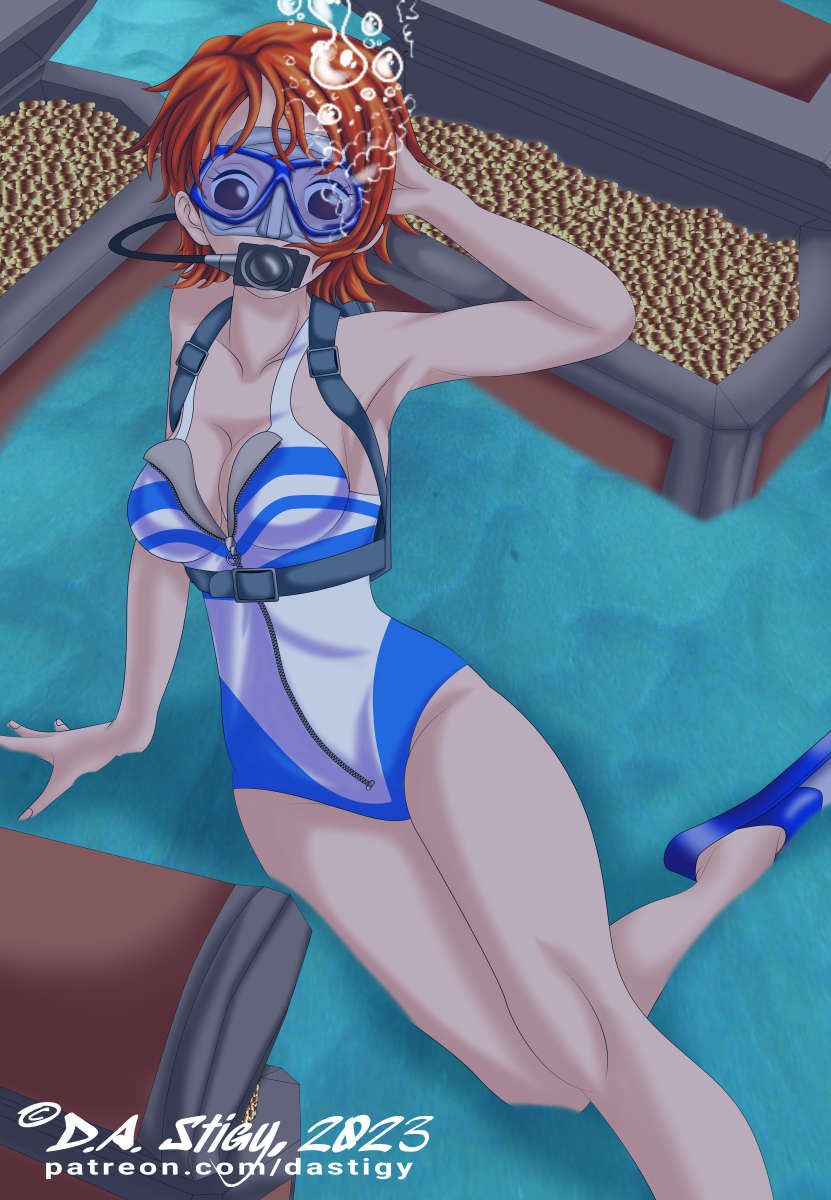 Nami, sitting on the bottom of the sea in Scuba gear, surrounded by open treasure chests full of gold coins.