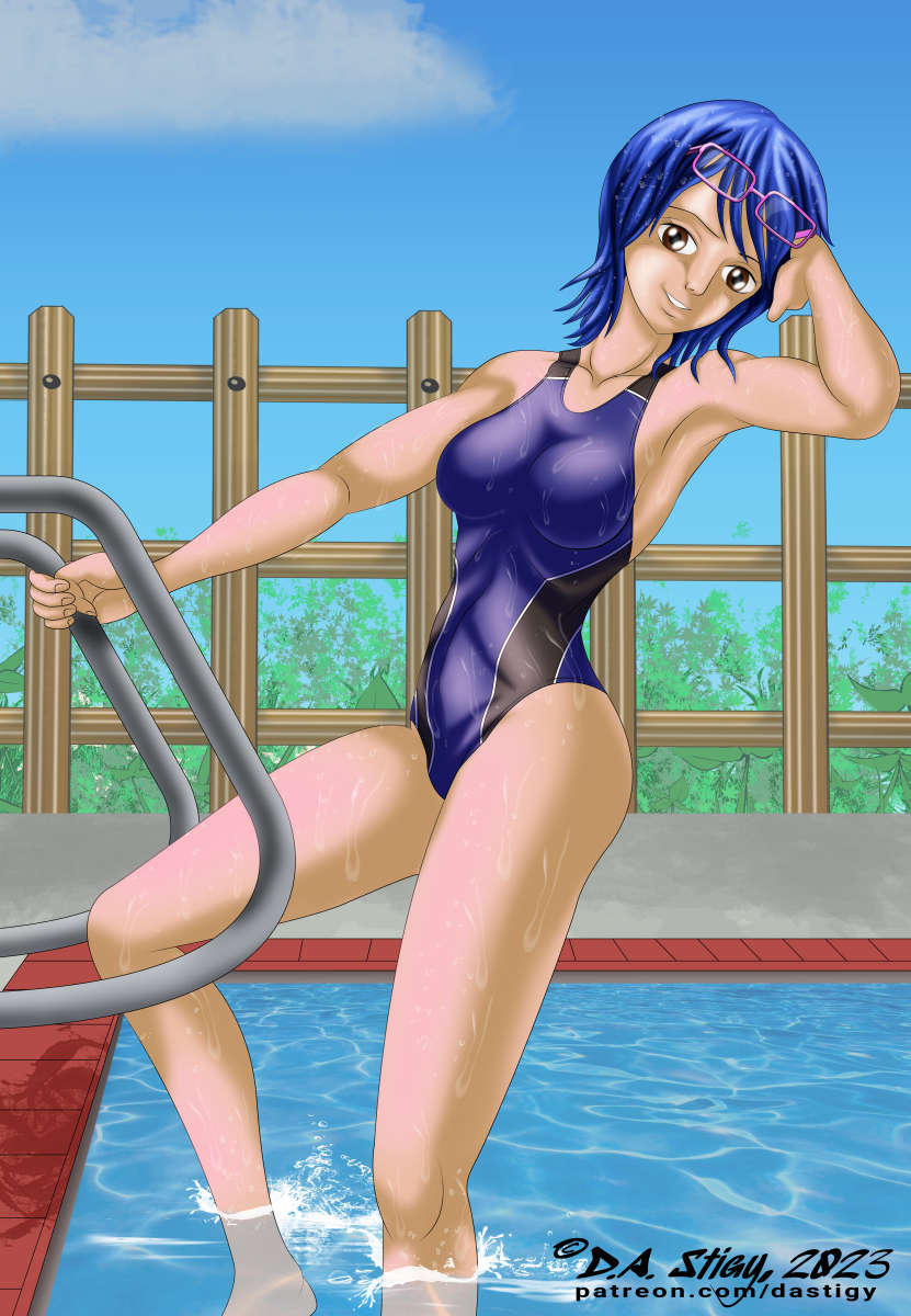 Tashigi, emerging from a pool where she was swimming laps.