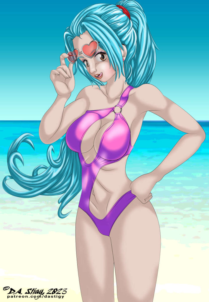 Vivi, standing in the shallow surf, giving you a very provocative look.