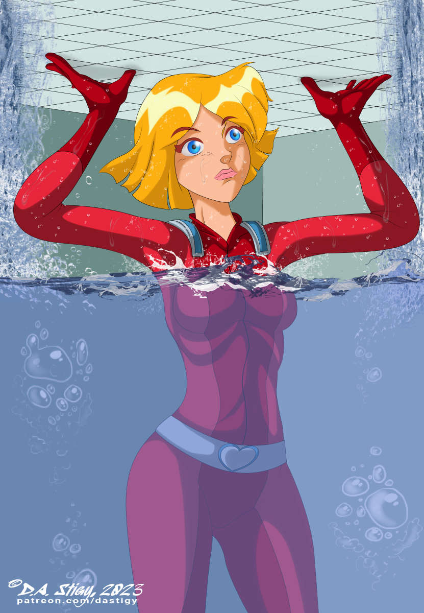 Clover from "Totally Spies" in a classic situation, trapped in a flooding room.