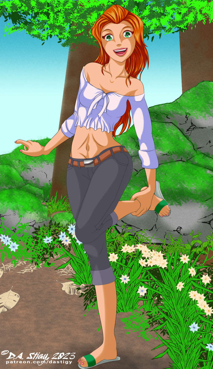 Sam from "Totally Spies" stretching during a nice walk in the woods.