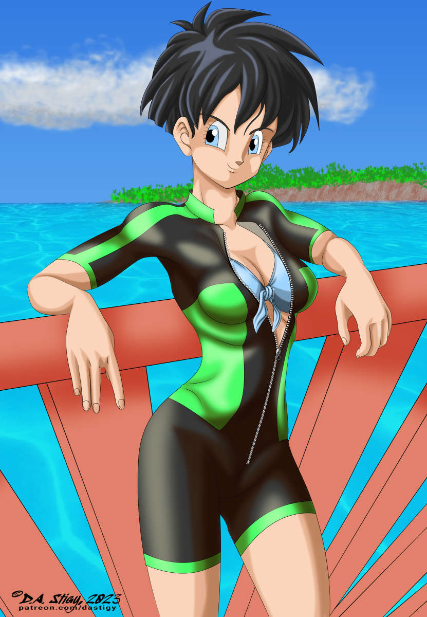 Videl, in a wetsuit, relaxing against a wooden dock railing.