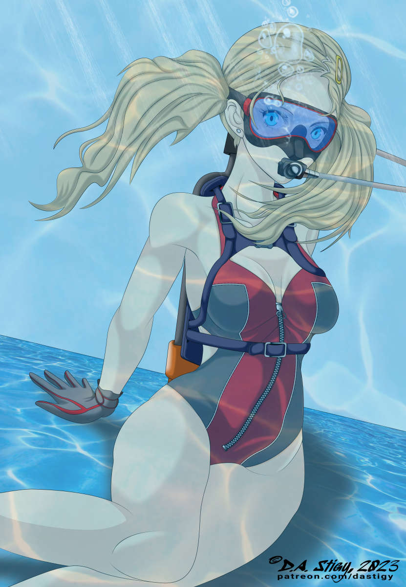 Ann Takamaki, Posing in scuba gear on a pool bottom.