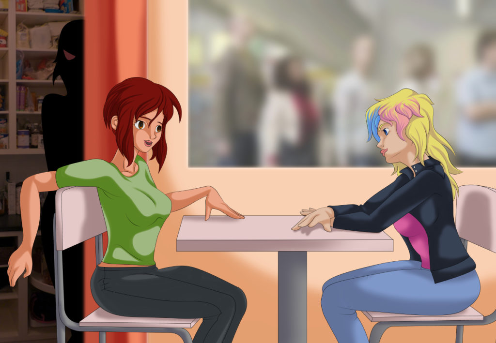 Dani and Amy sitting in a cafe together while a sinister figure looms.