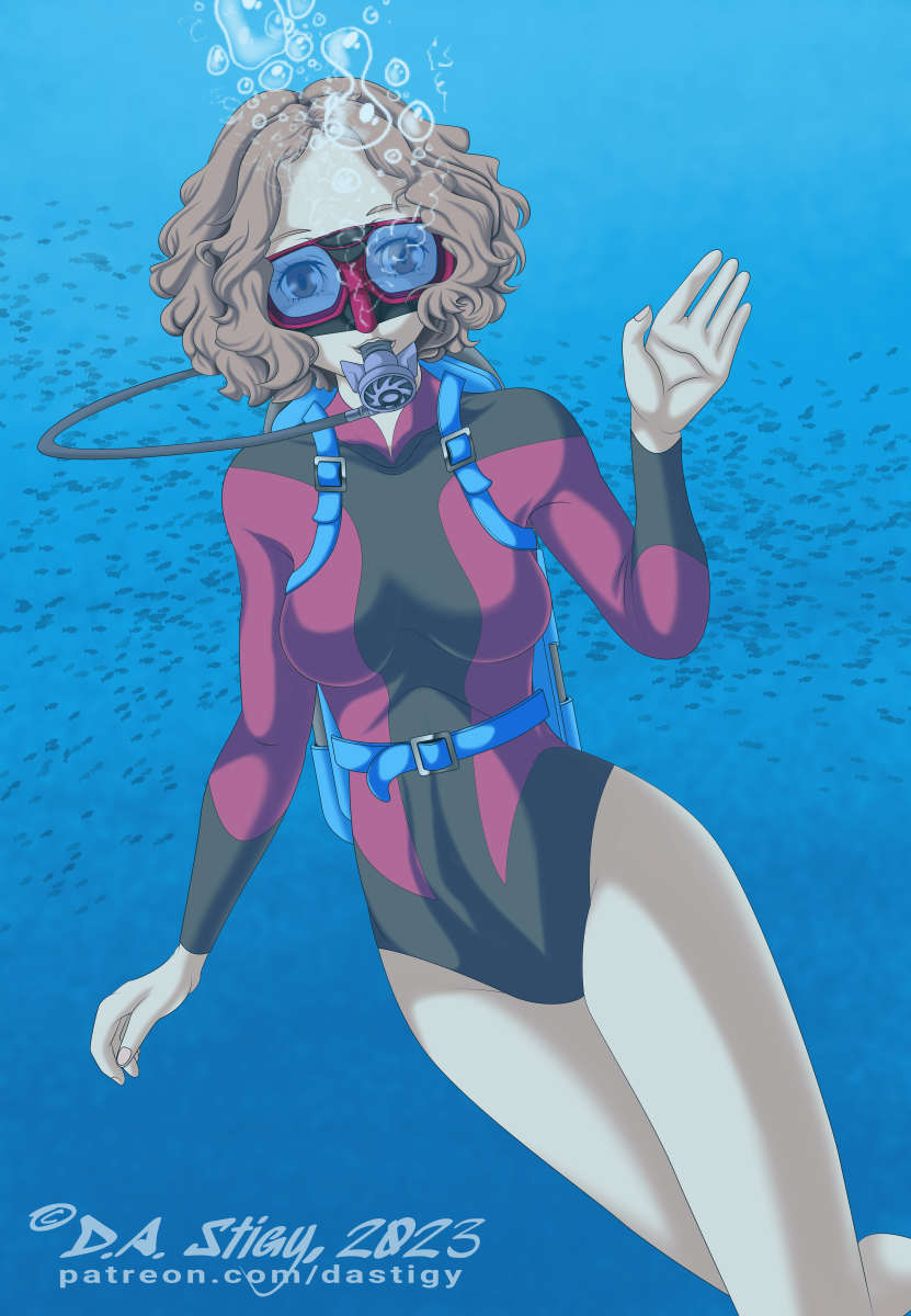 Haru Okumura scuba diving, waving to her partner.