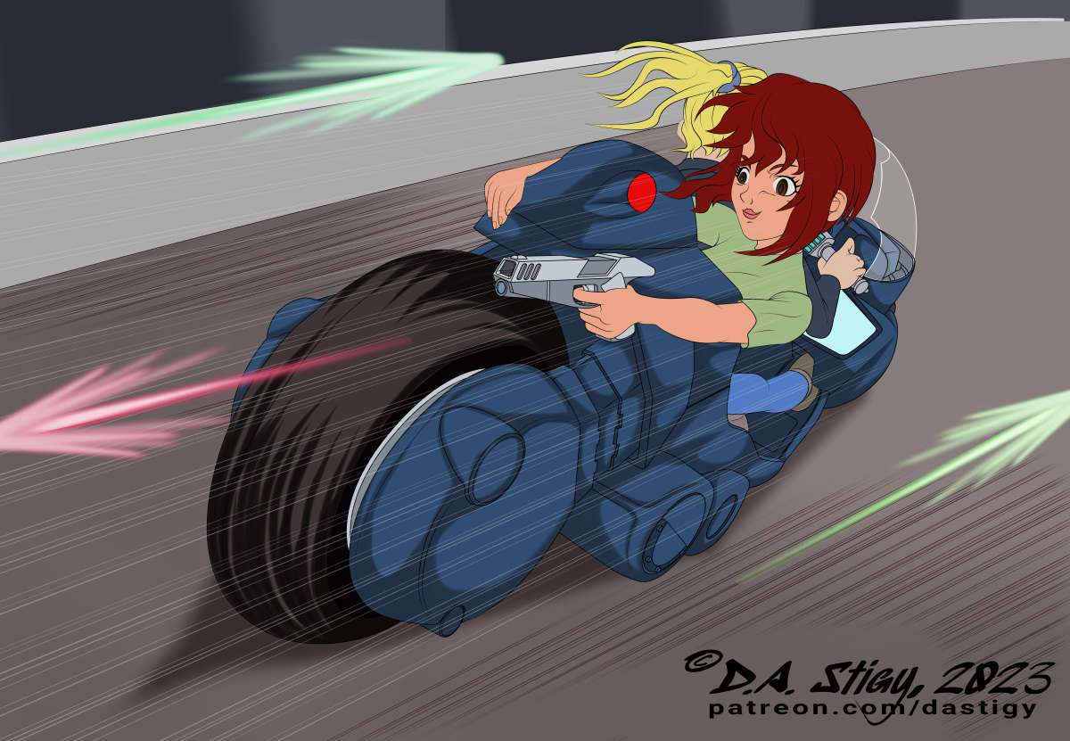 Dani and Amy, fleeing on her motorcycle, with the bad guys shooting at them.