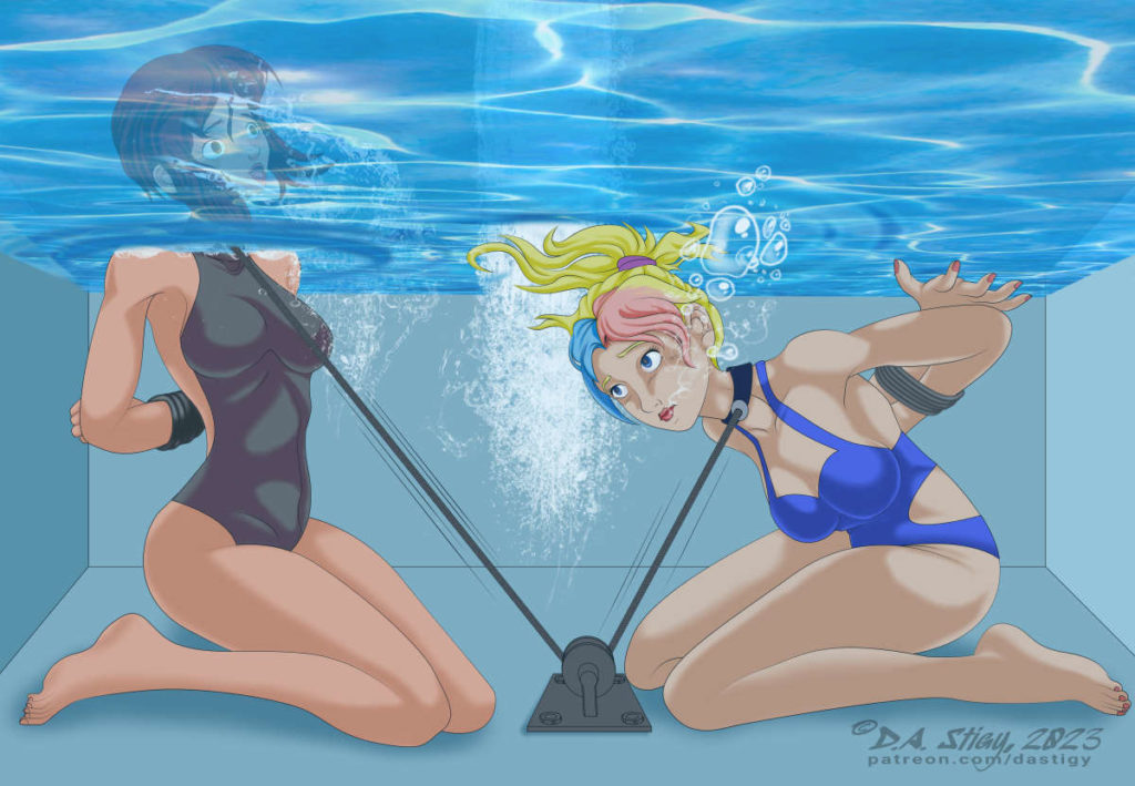 Dani and Amy, trapped in a filling pool. They're tied to a pulley by each neck, and Dani is taking a breath, forcing Amy's head under.